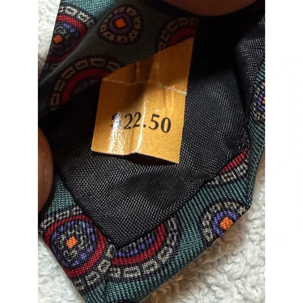 Raleighs Mens Silk Tie Teal Medallion Geometric Handmade USA English Foulard